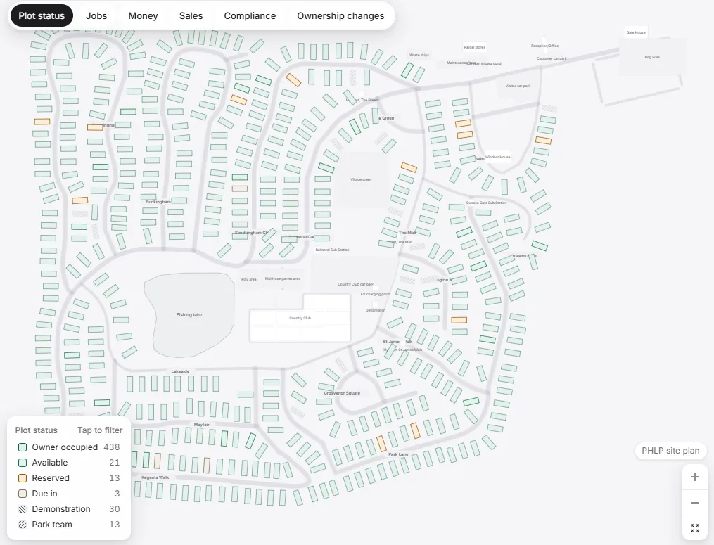 ParkPal park map showing plots coloured by status