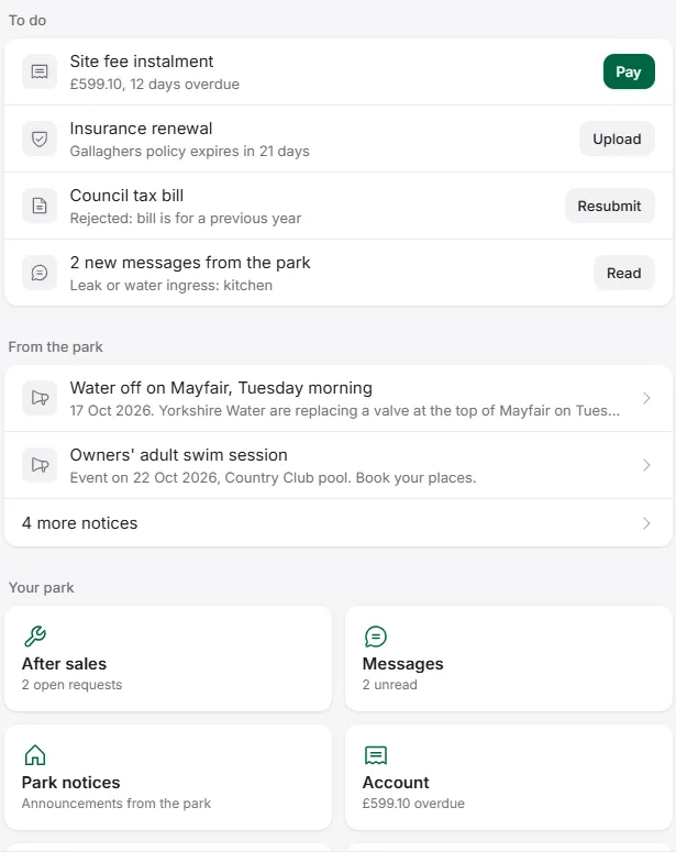 ParkPal owner portal home with to-do list